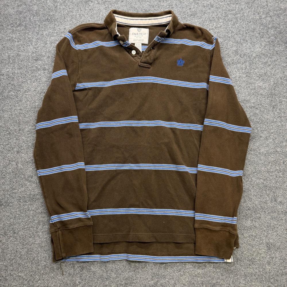 Duck Head‎ Jeans Co Mens XL Long Sleeve Striped Polo Shirt Brown Blue Cotton
